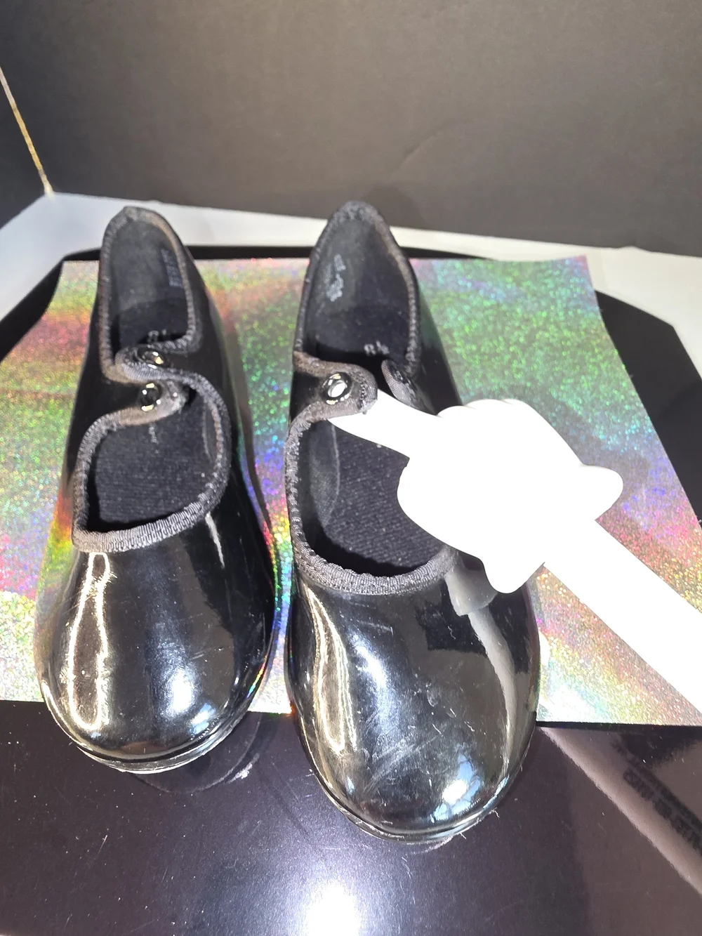 ABT American Ballet Theater Spotlights Black Patent Tap Jazz Shoes Sz 8.5 Flaw**